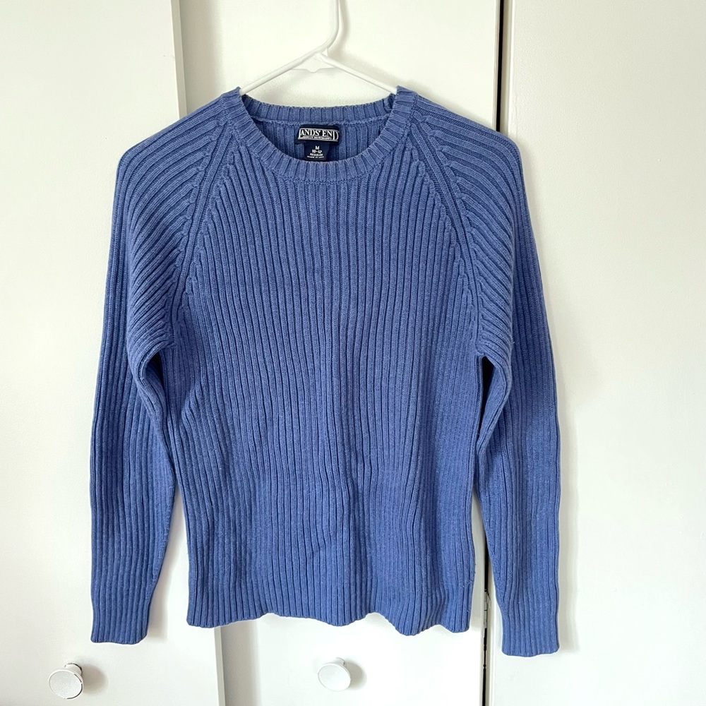 Lands' End Blue Ribbed Knit Women's Sweater Classic 90s Coastal Cottage